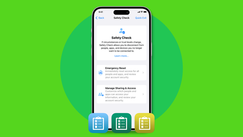 Image composition showing Safety Check on iPhone screen showing what it is and how to use it