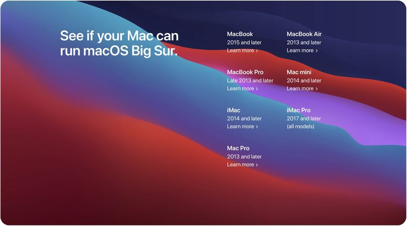 Configuration système requise pour macOS 10.16 Big Sur Liste de compatibilité des appareils Mac