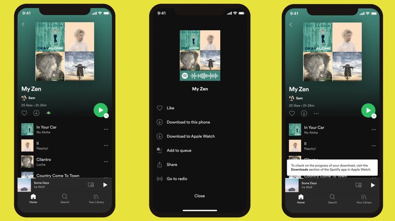 Une image montrant Spotify pour iPhone sur fond jaune. L