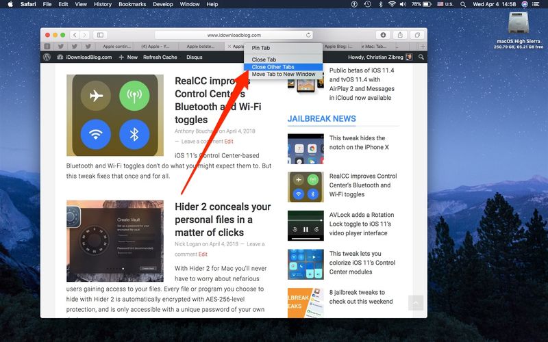 clic droit pour fermer tous les onglets safari