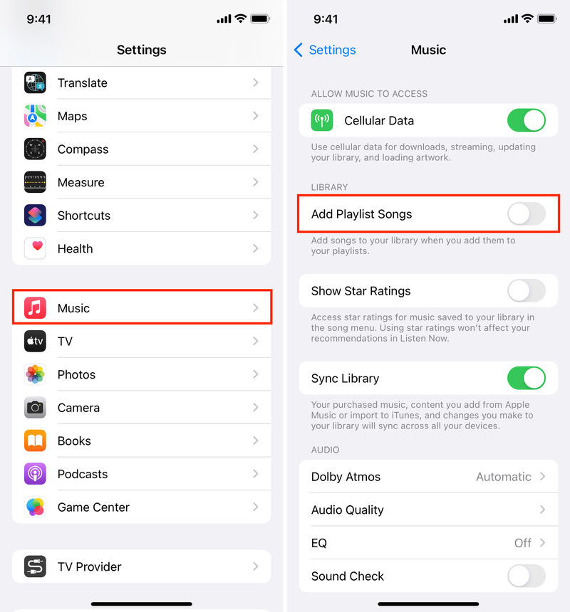 Ajouter des morceaux de liste de lecture dans les paramètres de musique sur iPhone