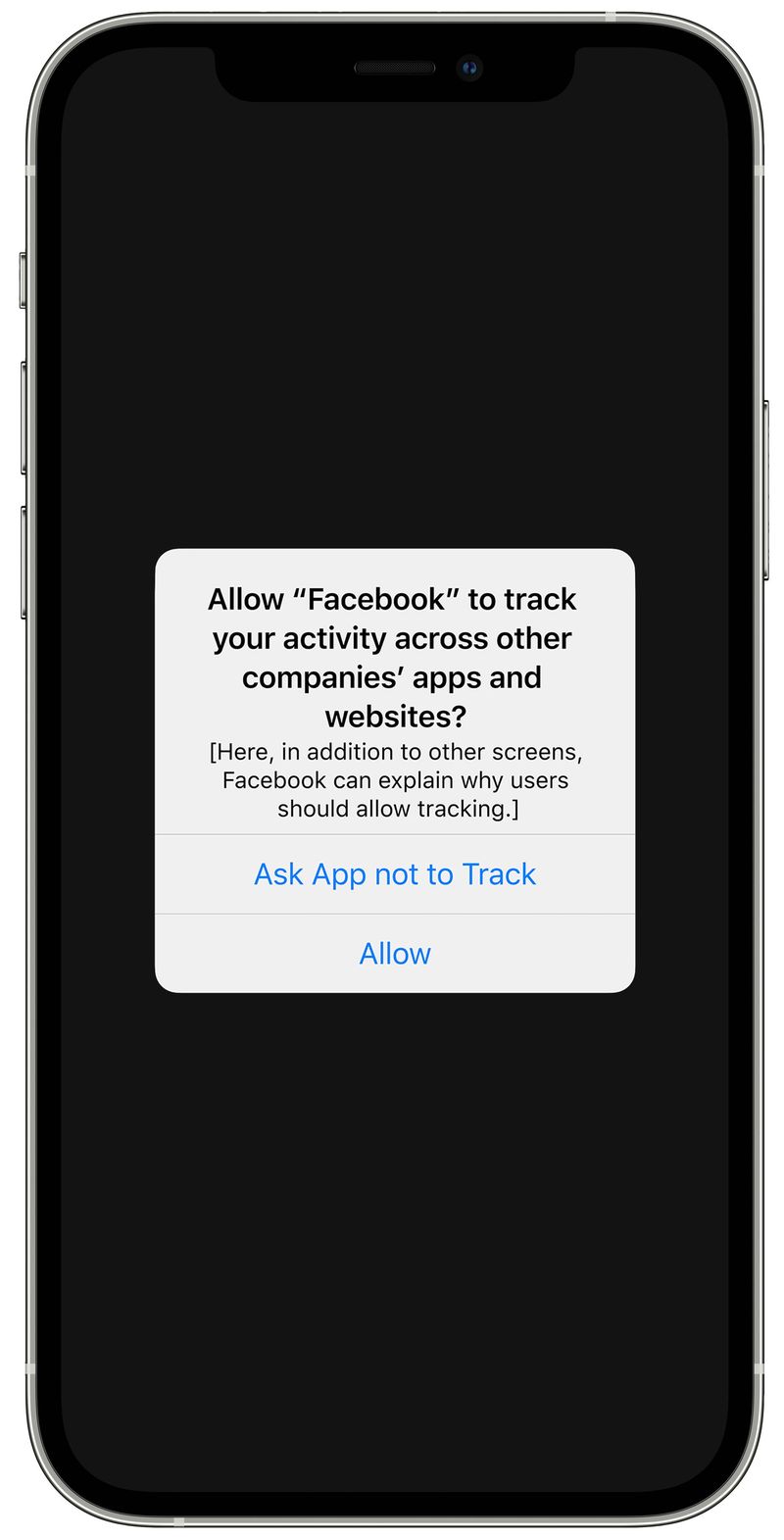 An iPhone displaying an app tracking prompt seeking permission to allow Facebook to track user activity
