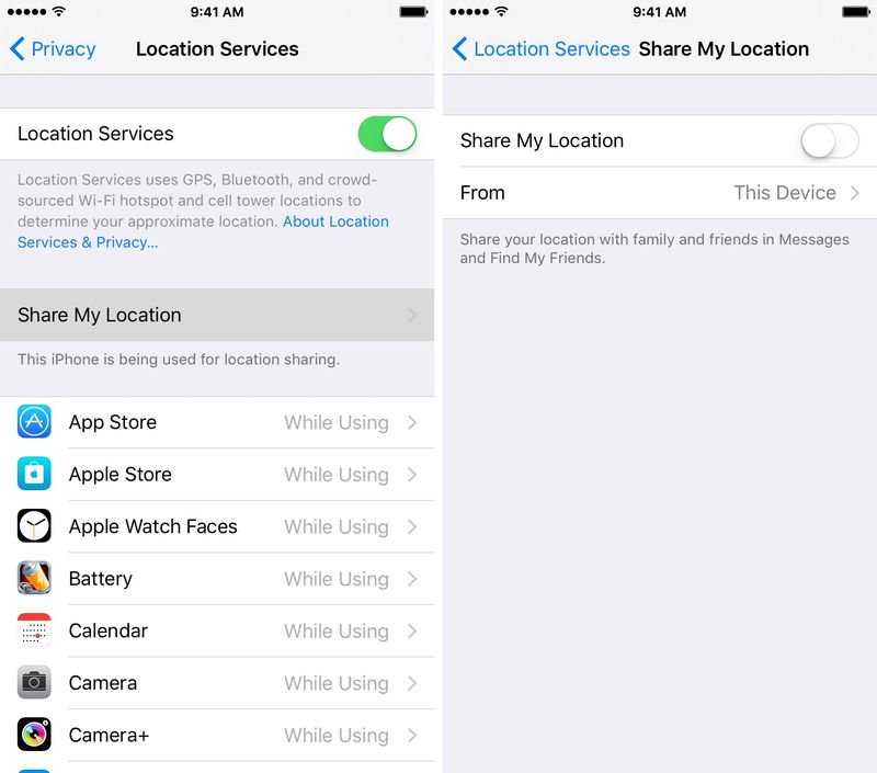 Paramètres iOS 9 Confidentialité Services de localisation Partager ma position désactivée Capture d