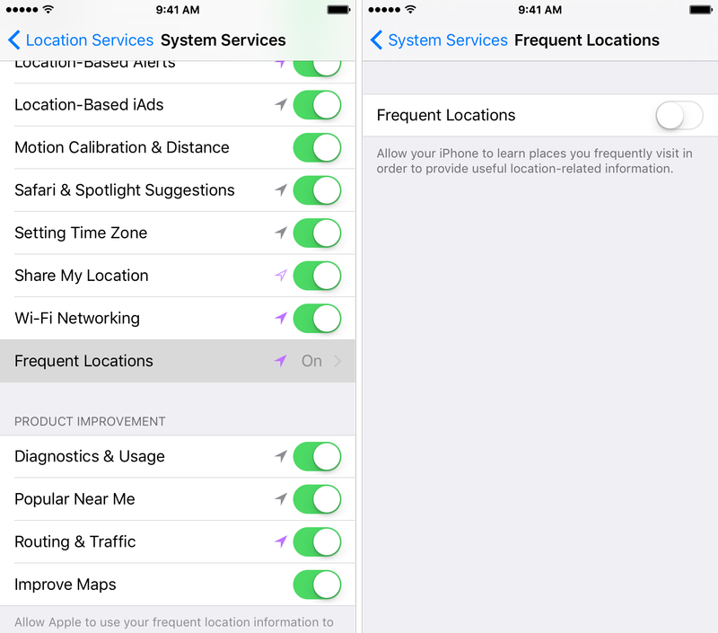 Paramètres iOS 9 Confidentialité Services de localisation Emplacements fréquents désactivés Capture d