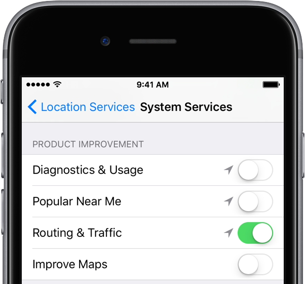 Paramètres iOS 9 Confidentialité Services de localisation Amélioration du produit Capture d