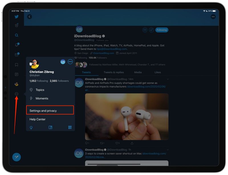 désactiver la barre latérale des tendances Twitter iPad