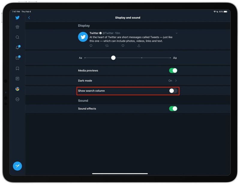désactiver la barre latérale des tendances Twitter iPad