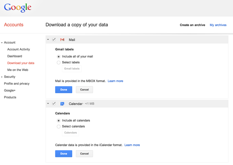 Google Takeout (Calendar and Gmail)