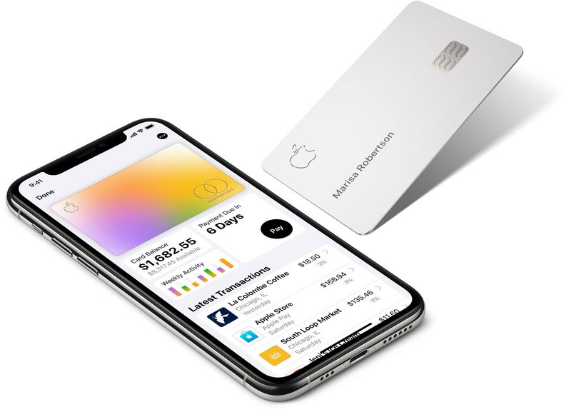 An Apple Card shown next to an iPhone running the Wallet app