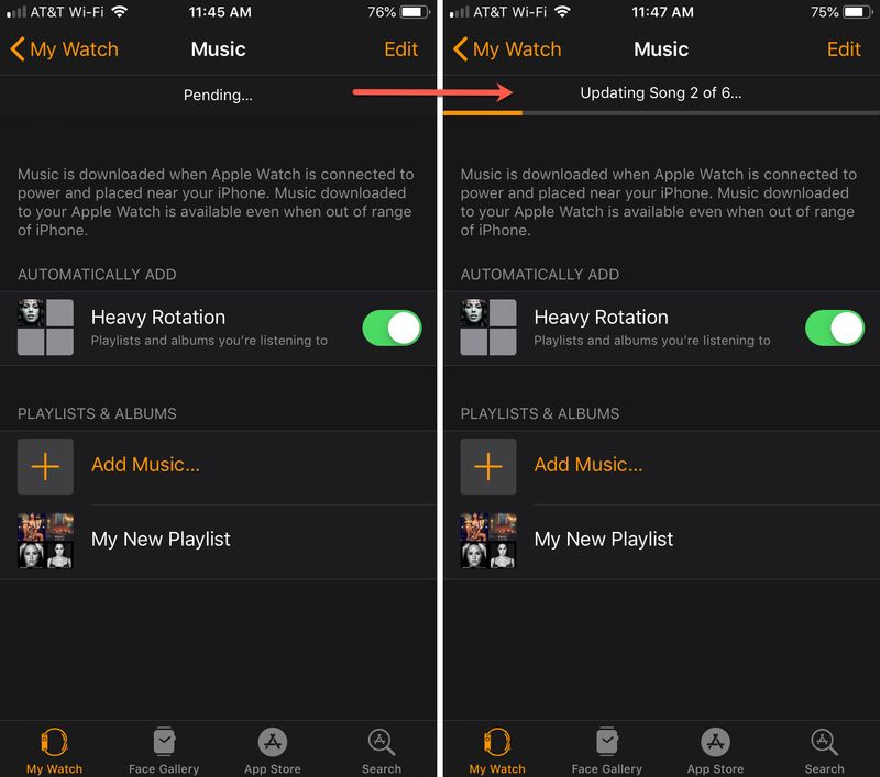Music to Apple Watch Pending Updating