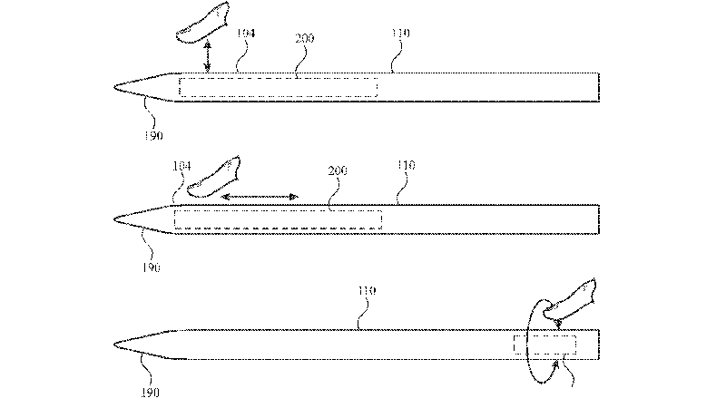 Patent drawings illustrating Apple Pencil touch gestures like sliding and rolling