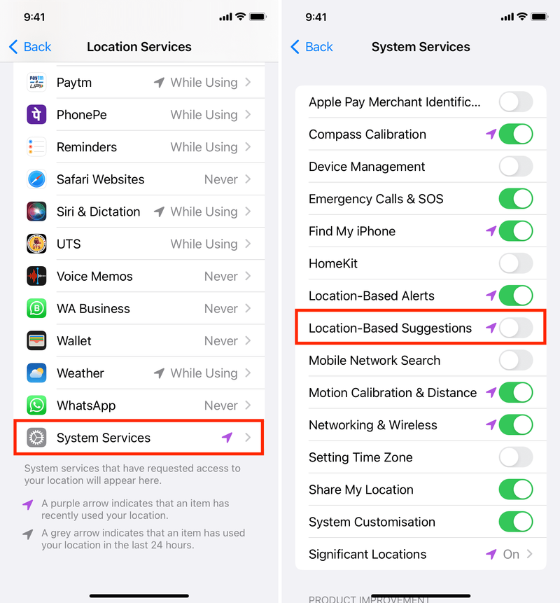 Désactiver les suggestions basées sur la localisation sur iPhone
