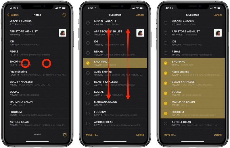 select notes with two-finger tap on iPhone