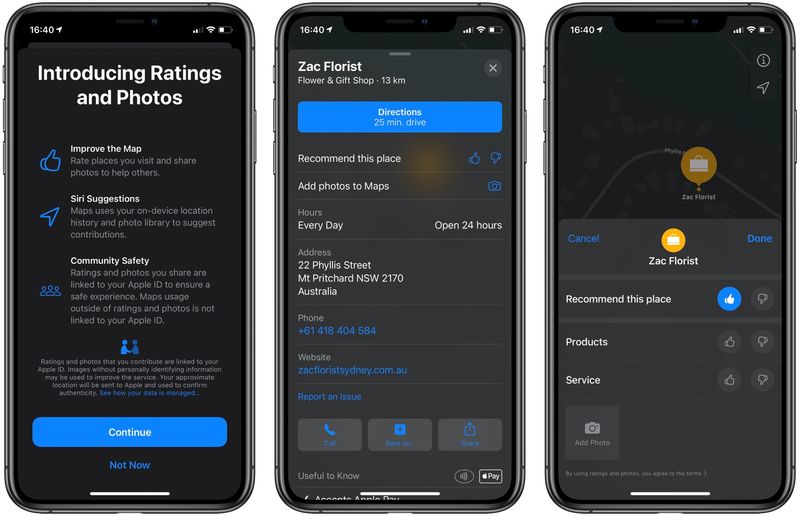 Three iPhone screenshots showing of the native new Apple Maps ratings and photo upload