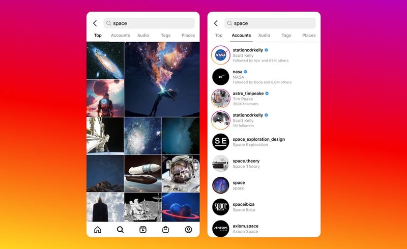 Two iPhone screenshots showing visual Instagram search results for the term