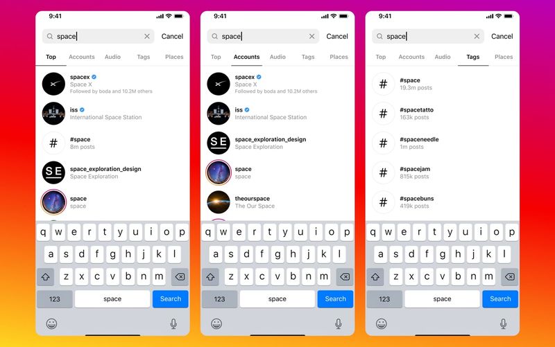 Three iPhone screenshots showing regular Instagram search results for the term