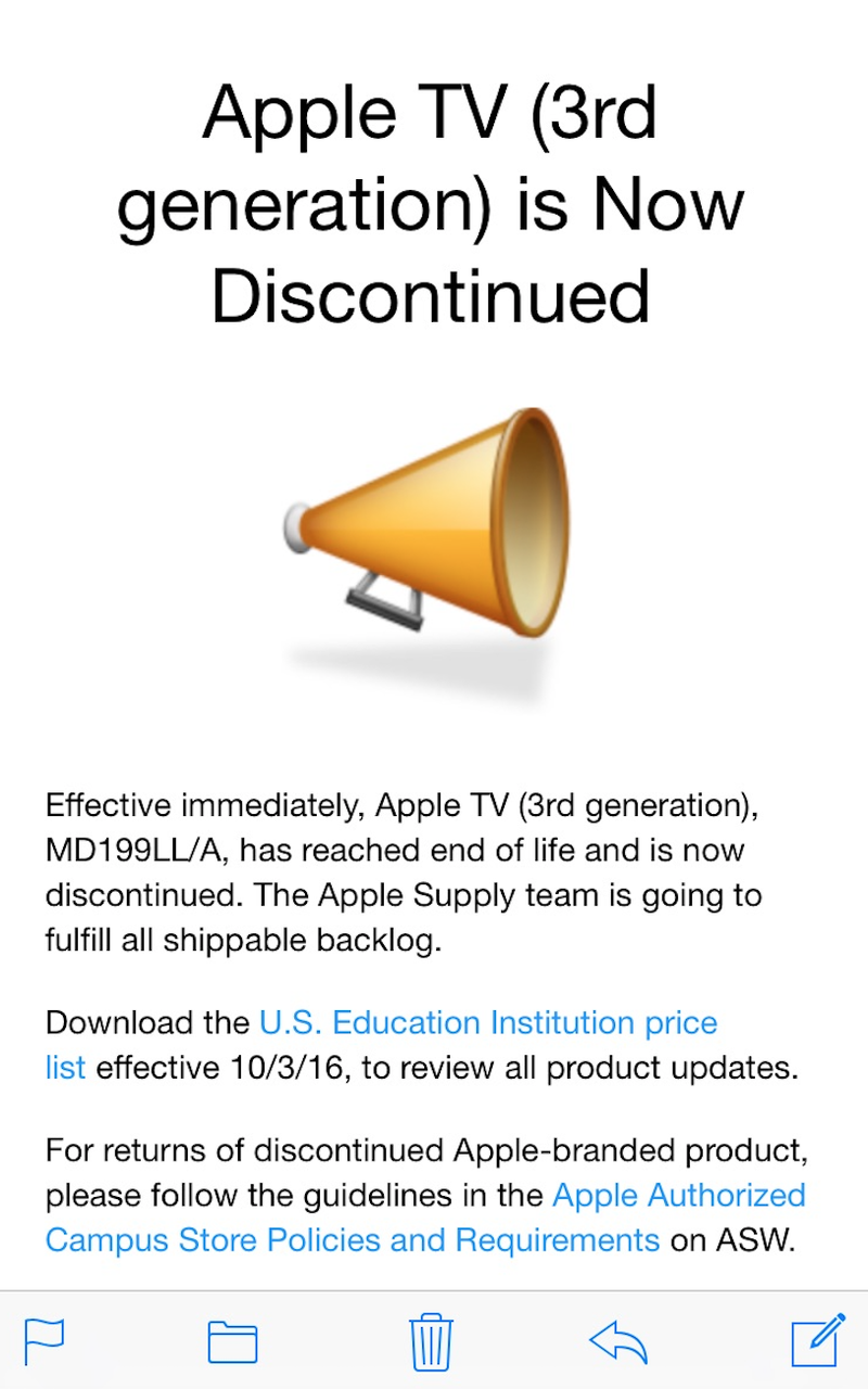 Apple TV 3 discontinued email
