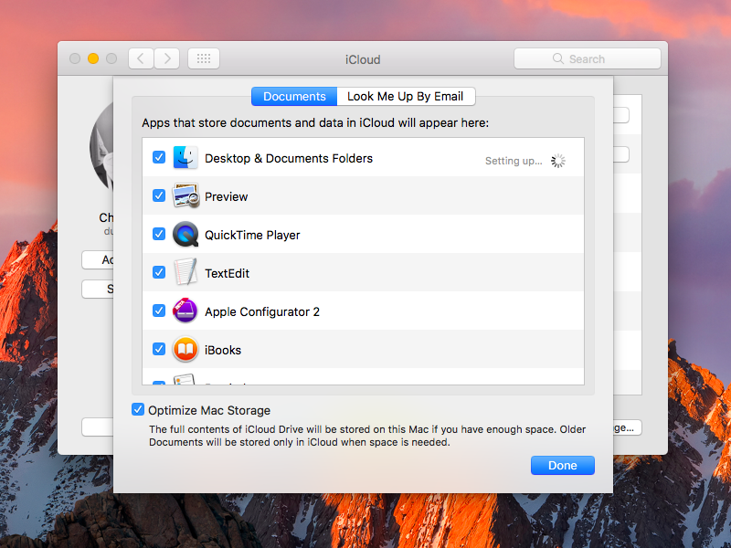 Préférences système macOS Sierra Synchronisation du bureau et des documents d