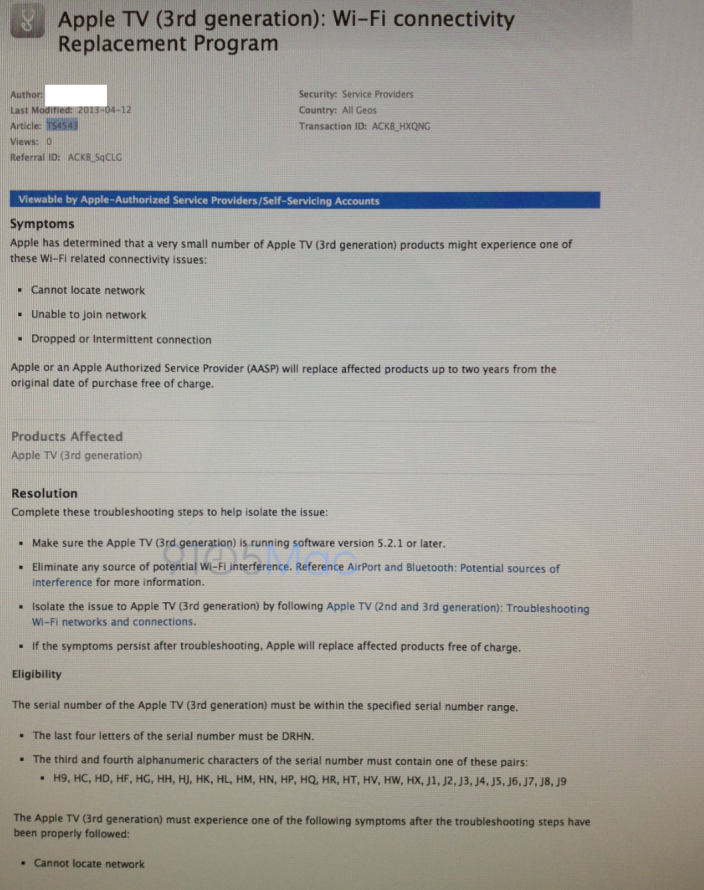 Apple TV WiFi replacement program