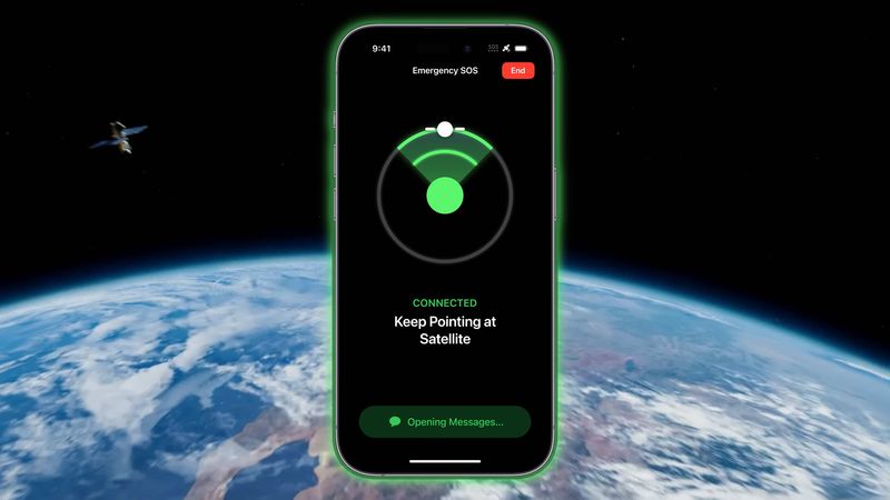 Composition montrant un iPhone 14 avec Emergency SOS par satellite au premier plan, avec une vue spatiale de la Terre avec un satellite en orbite en arrière-plan