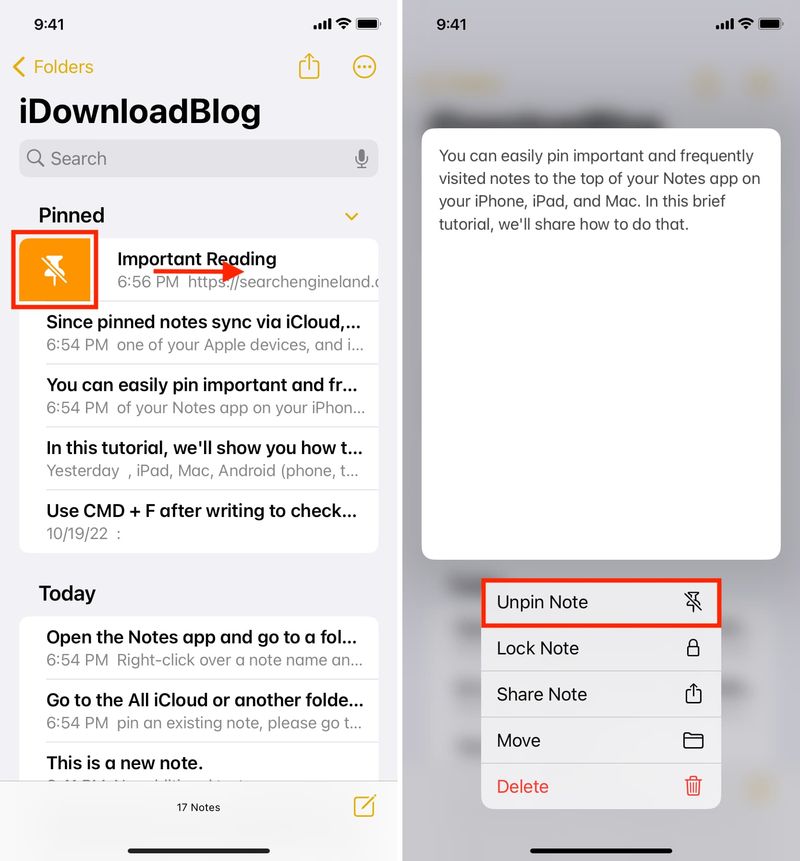 Unpin note in iPhone Notes app