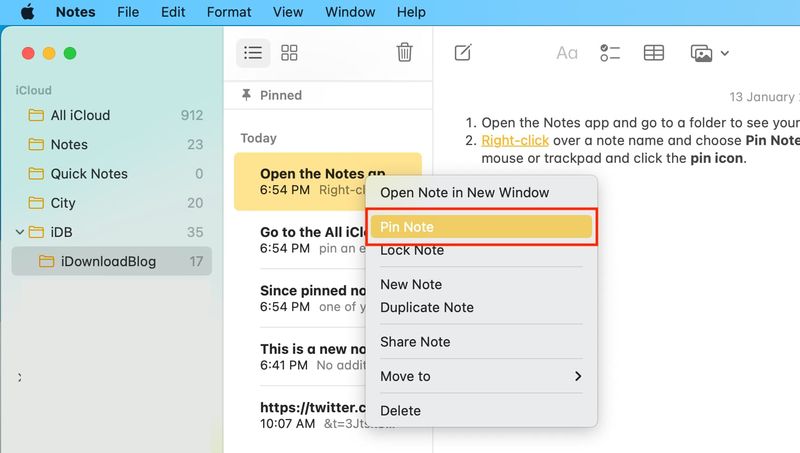Right-click to pin note on Mac