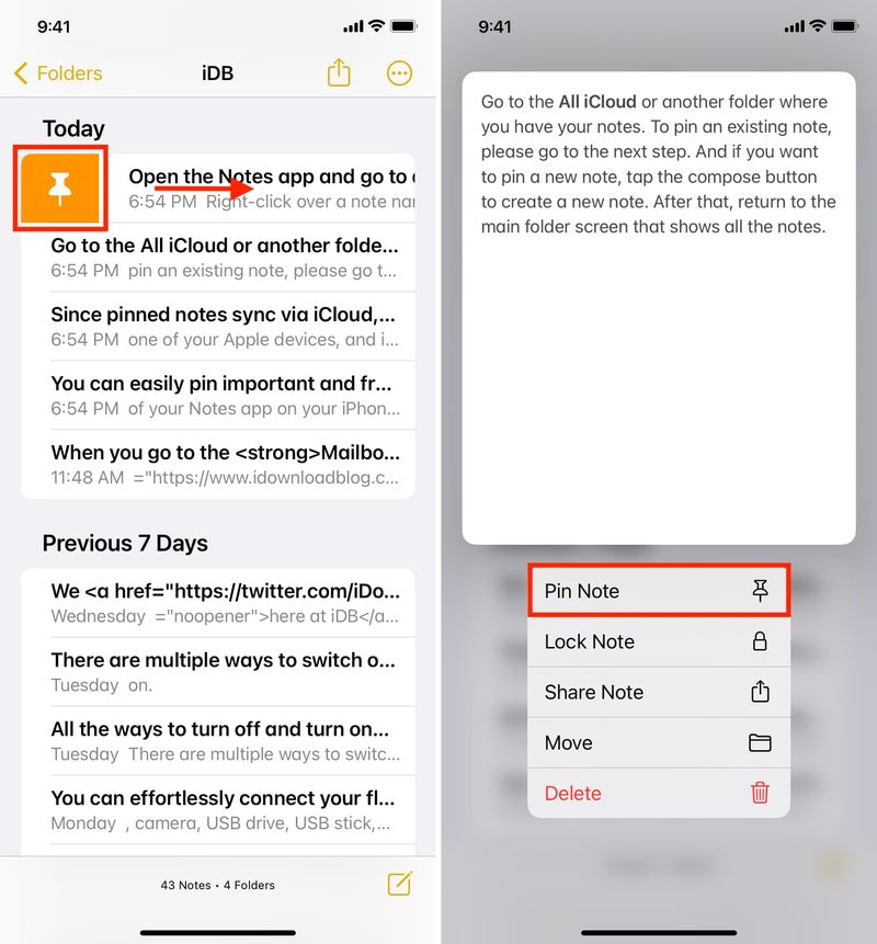 Pin note in iPhone Notes app