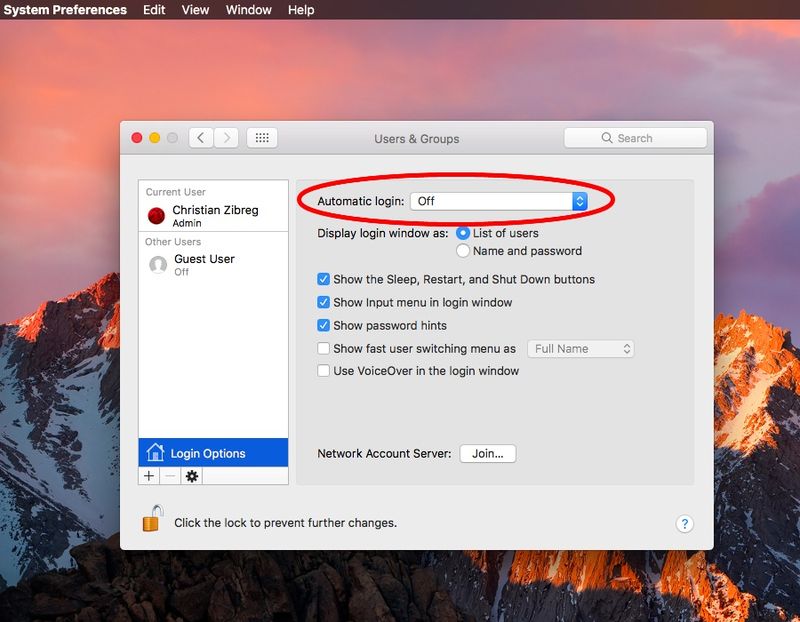 macOS Sierra System Preferences désactive la connexion automatique Capture d