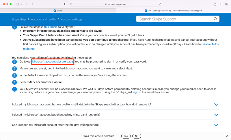 Lien de fermeture de compte Microsoft