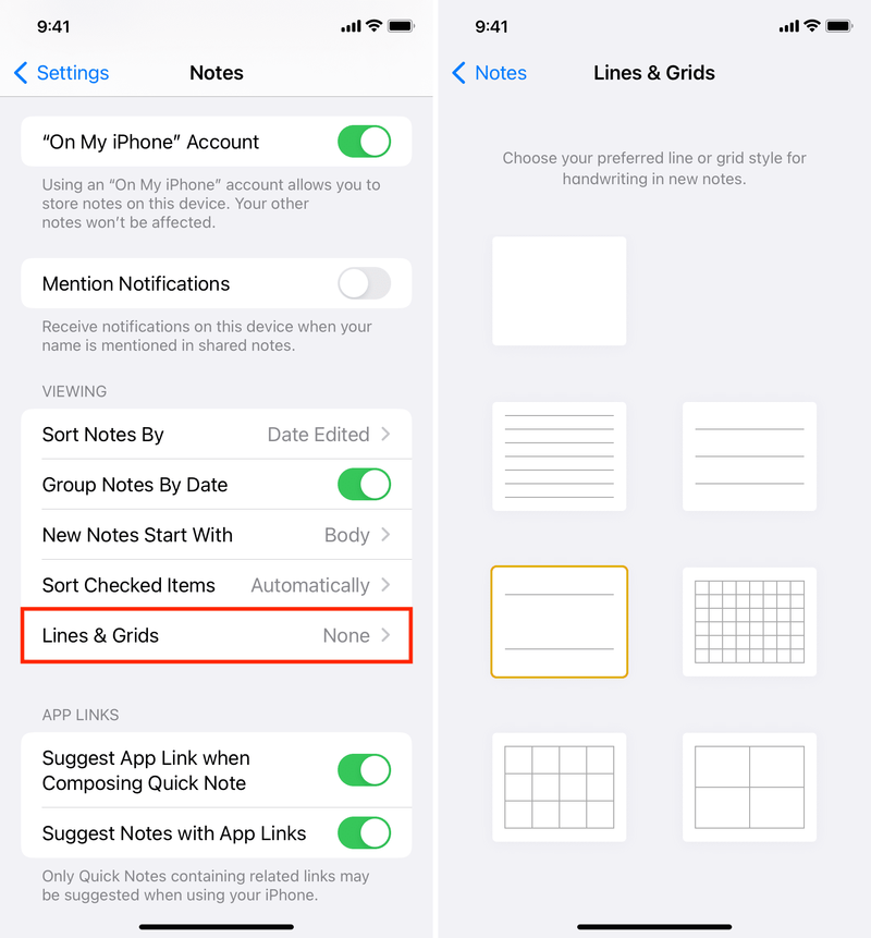 Enable lines and grids for Notes app in iPhone Settings
