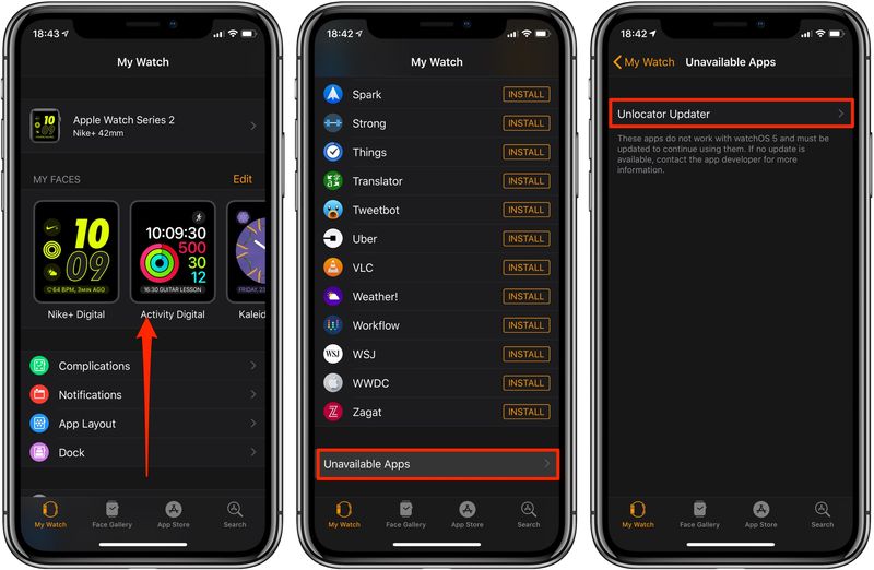 Legacy Apple Watch apps - A screenshot showing the Unavailable Apps section at the bottom of the My Tab in the companion Watch app on iPhone