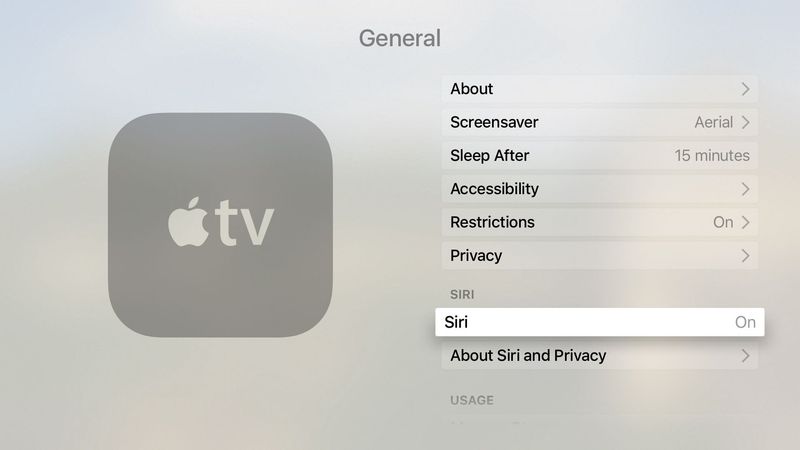 Paramètres tvOS Général Siri activé Capture d