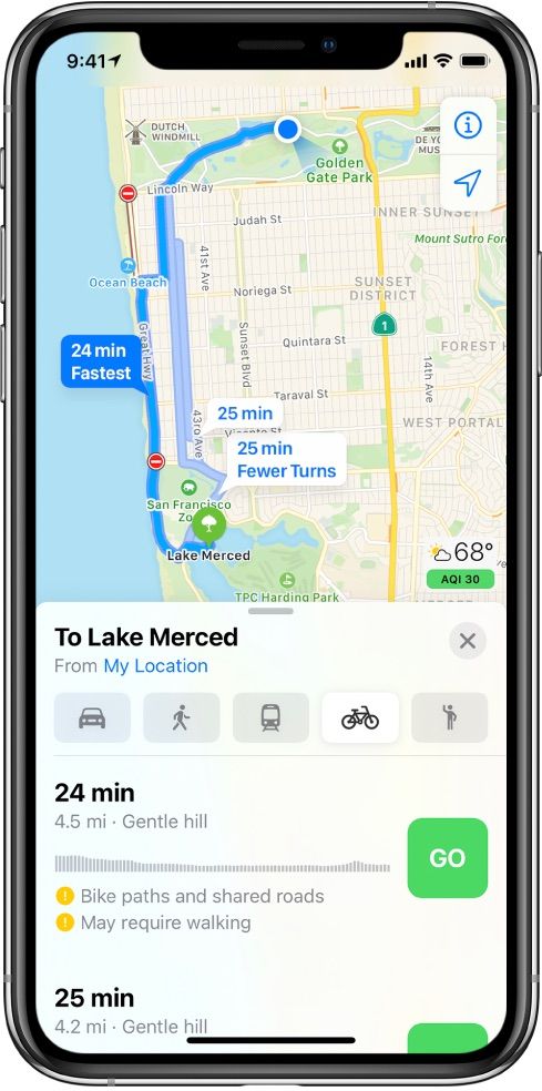 Apple Maps cycling directions - an overview of multiple cycling routes