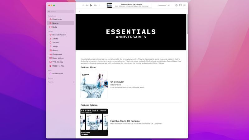 The Essential Anniversaries list that showcases classic albums is shown in this screenshot taken from Apple