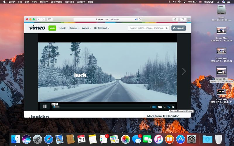 macOS Sierra Picture in Picture Vimeo Mac screenshot 001