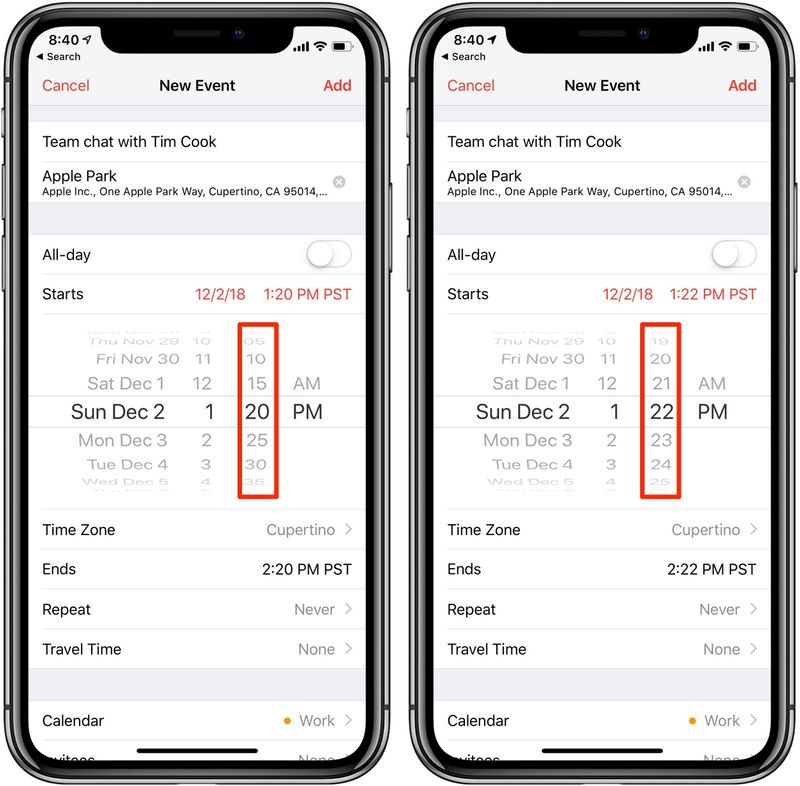 Apple Calendar tips for iPhone include double-tapping the spinning wheel time selector to set precise even times in 1-minute increments