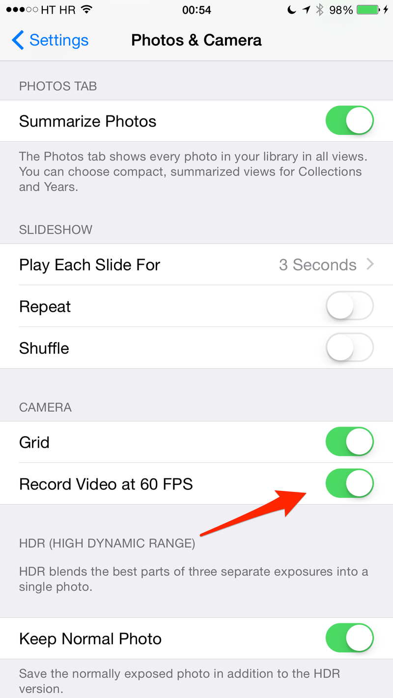 iOS 8 (Settings, Photos and Camera, 60FPS video)
