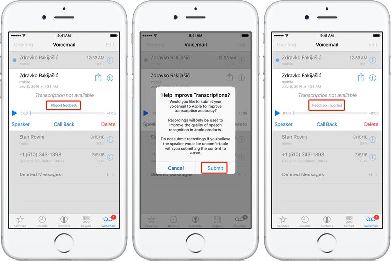 envoyer des commentaires sur la messagerie vocale à apple