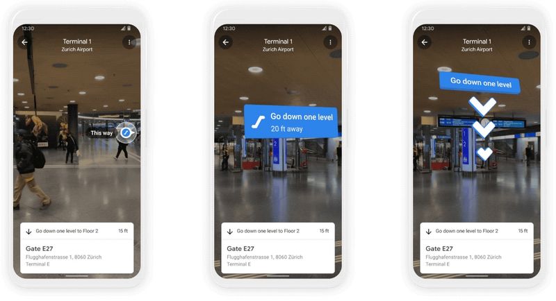 An image showing three generic handsets running Google Maps with Live View augmented reality mode for AR navigation inside malls and airports