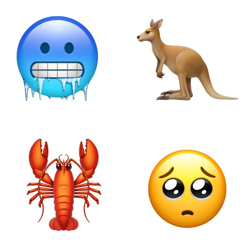 iPhone emoji kangourou, homard, visage froid et visage triste