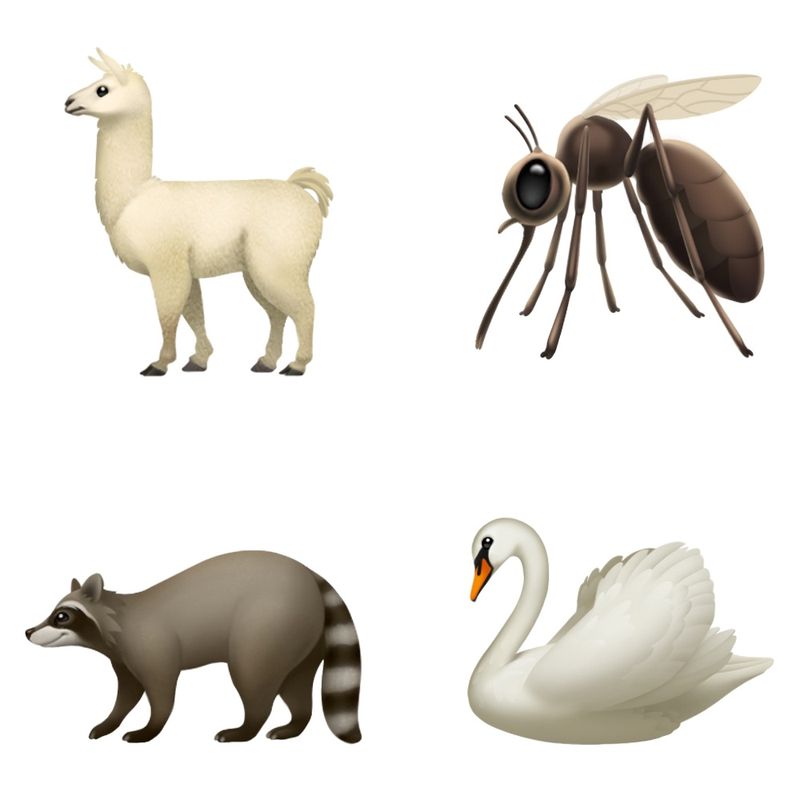iPhone emoji lama, moustique, cygne et raton laveur