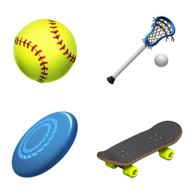 iPhone emoji softball, crosse, frizbee et planche à roulettes
