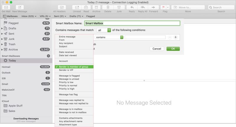 First Condition Smart Mailbox in Mail on Mac