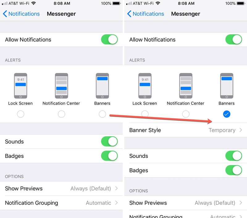 Banner Type for Persistent Notifications on iPhone