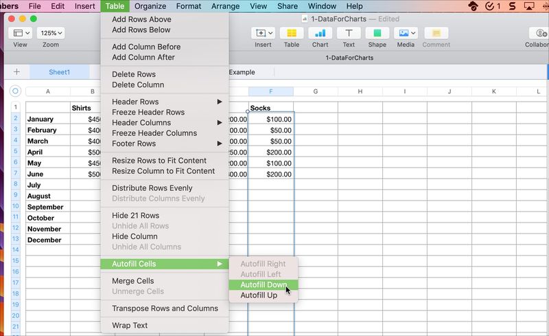Remplissage automatique dans Numbers sur Mac