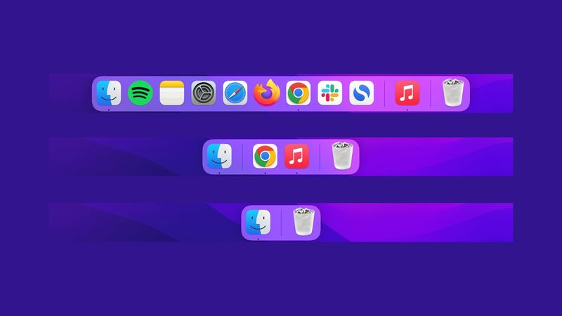 Mac Dock en trois tailles avec la première image montrant toutes les applications, la seconde montrant uniquement les applications ouvertes et la dernière montrant uniquement les icônes du Finder et de la Corbeille
