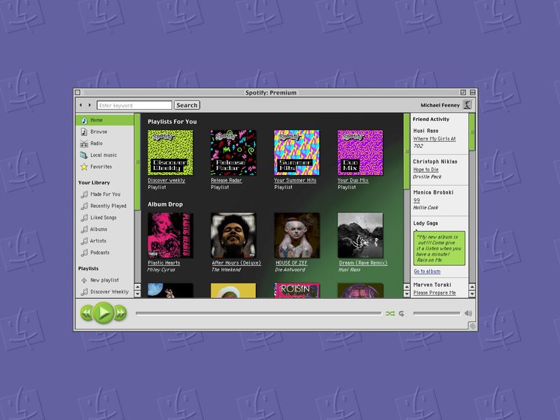 A mockup by graphic designer Michael Feeney reimagining what Spotify for macOS would have looked liked in the Mac OS 9 era back in 1999