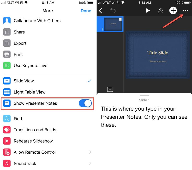 Keynote sur iPhone Afficher les notes du présentateur