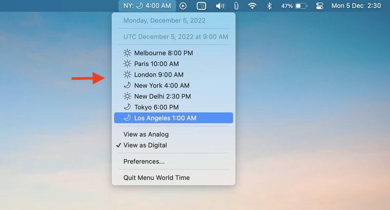 Menu Heure mondiale indiquant les heures de différentes villes