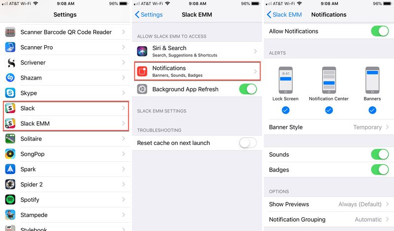 Notifications Slack sur iPhone